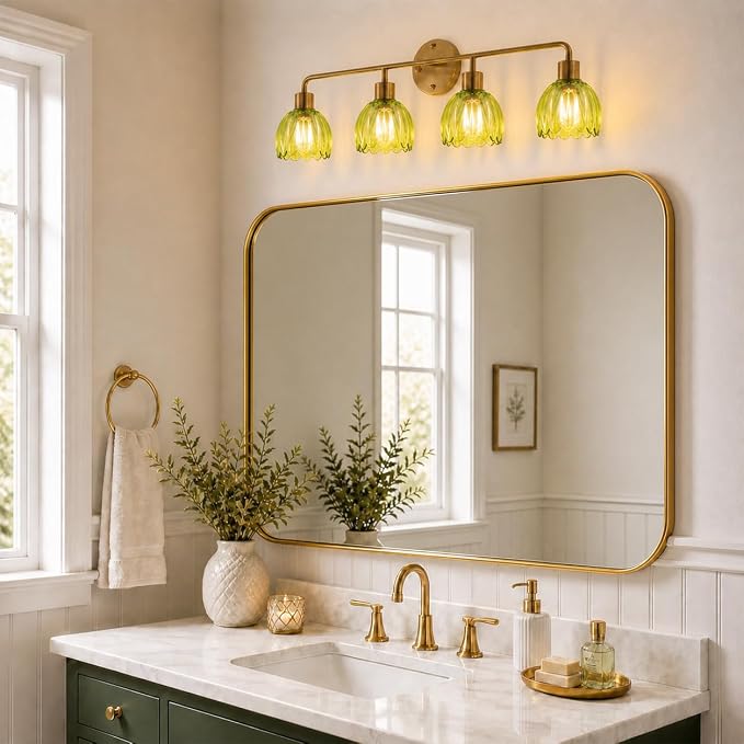4-Light Gold Brass Bathroom Light Fixture,Wall Sconces,Brushed Gold Vanlity Light Over Mirror,Bathroom Vanity Light with Green Glass Flower Shade,E26 Socket(Bulbs Not Included)