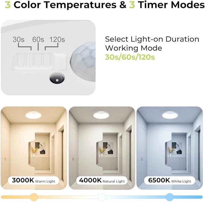 hepside 8.7Inch Motion Sensor Ceiling Light Wired, 3000K/4000K/6500K LED Flush Mount Ceiling Light Fixture,18W Motion Sensor Light Indoor with Timer for Closet Stair Porch Hallway Pantry,White