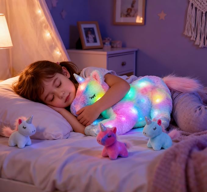Hopearl LED Plush Unicorn Lighting Up Stuffed Mommy Unicorn with 3 Baby Unicorns in her Tummy Stuffed Animal Playset Night Lights Glow in The Dark for Mom Toddler Girls, Rainbow, 19''