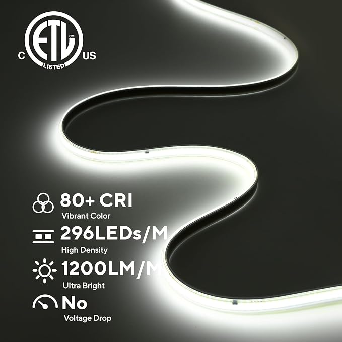 ETL COB LED Rope Light IP65 AC 120V 49.2FT 1200lm Ultra Bright 6500K White | IP65 Waterproof ETL Light Strip No Driver Tape Lighting for Home Commercial LED Strip Light 6500K Cool White (16.4FT+32.8FT)