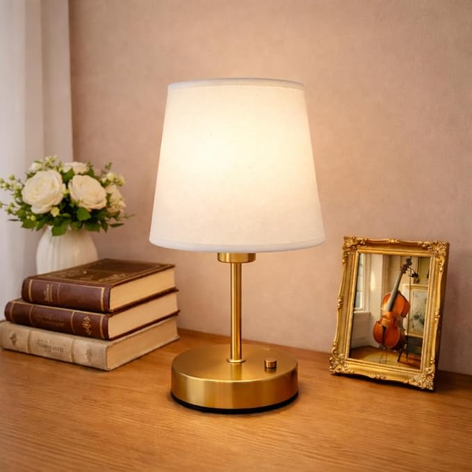 Gold Portable Cordless Table Lamp, Rechargeable Bedside Lamp, Mini | 3000mAh battery, touch stepless dimming, 2700K warm light, fabric shade and USB-C charging for bedroom, nightstand and desk.