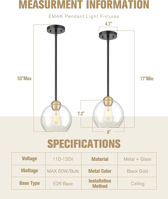 Emak Modern 8 Inch Glass Pendant Lights Kitchen Island, 2 Pack Black and Gold Pendant Light Fixtures, Farmhouse Globe Island Lights for Kitchen, Dining Room, Bathroom, PL121-BKBGD-CG-2PK