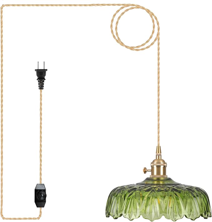 Plug in Pendant Light Fixtures,Green Glass Lampshade Pendant Lighting 9.4in E26 Hanging Light Fixture for Kitchen Island, Bedroom, Dining Room, Living Room