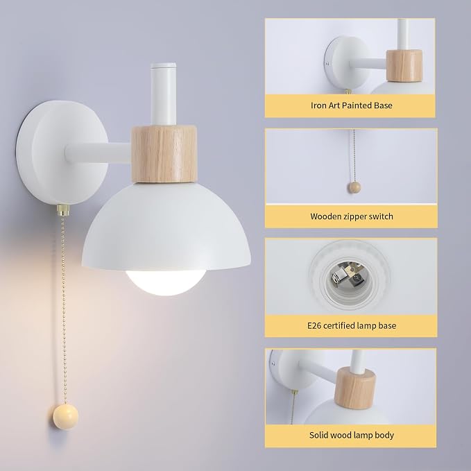 1-Light Nordic Bathroom Wall Sconce with Pull Chain Switch, Modern Vanity Wall Lamp, Bedside Wall Lights for Mirror Kitchen Living Room Hallway Cabinet Porch(White)