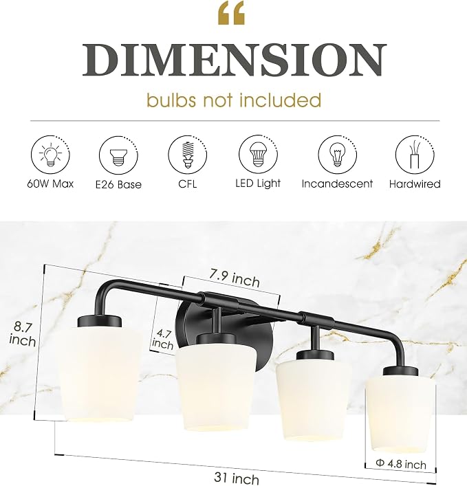 4-Light Black Bathroom Light Fixtures Over Mirror, White Glass | Vanity Lighting Fixtures with Milk White Glass, Vintage Farmhouse Wall Sconces Lighting, AD-22004-4W-BK