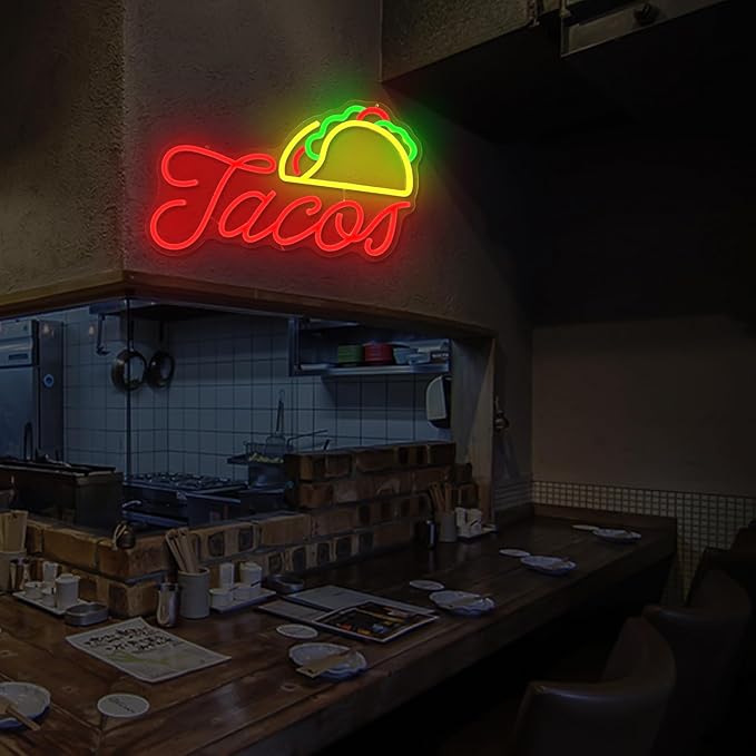 Tacos Neon Sign for Wall Decor Dimmable Led Neon Signs for Business Mexican Food Neon Light Tacos Neon Lights Sign Light Up Sign for Tortilla Tacos Shop Beer Bar Pub Restaurant Christmas Decor