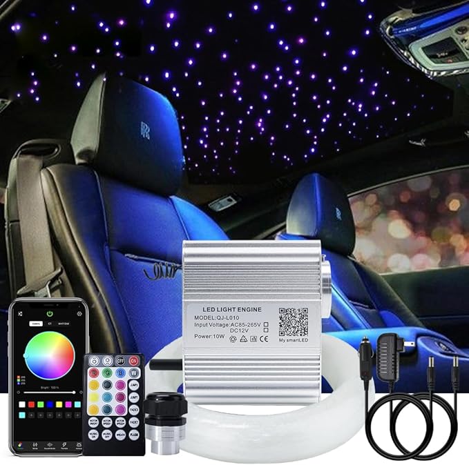 AKEPO Upgraded Car Home APP Fiber Optic Lights kit 10W RGBW Twinkle + Music Effect Star Ceiling Sky Light, Optical Fiber Cable 450 Strands 0.03in/0.75mm 9.8ft/3m+ 28key RF Remote Control