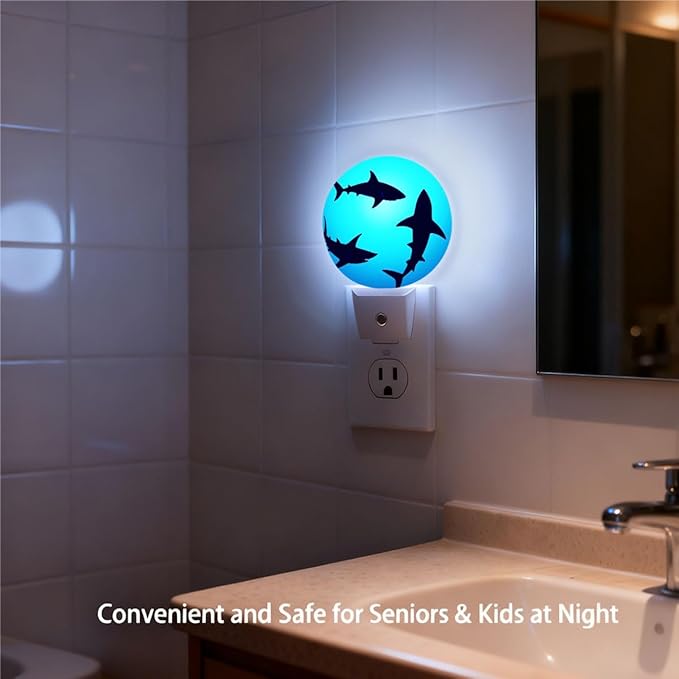 Plug-in Floating Sharks Night Light Ocean Blue Nightlight with Dusk to Dawn Sensor, Auto On/Off 0.5W Energy-Saving LED Lighting for Men Women Boys Girls Gift