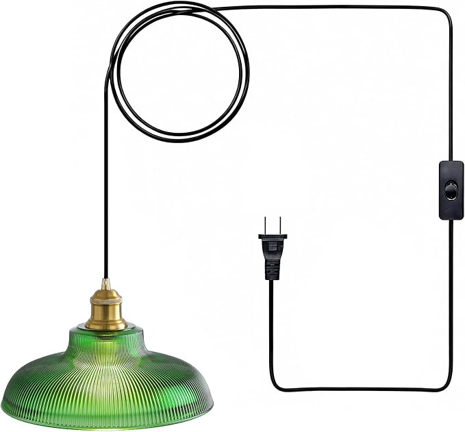 XZHGCEE Plug in Pendant Light: Hanging Light Plug in Green Glass Hanging Lamp, Pendant Lighting for Kitchen Island, Bedroom, Dining Room, Living Room, No Bulb