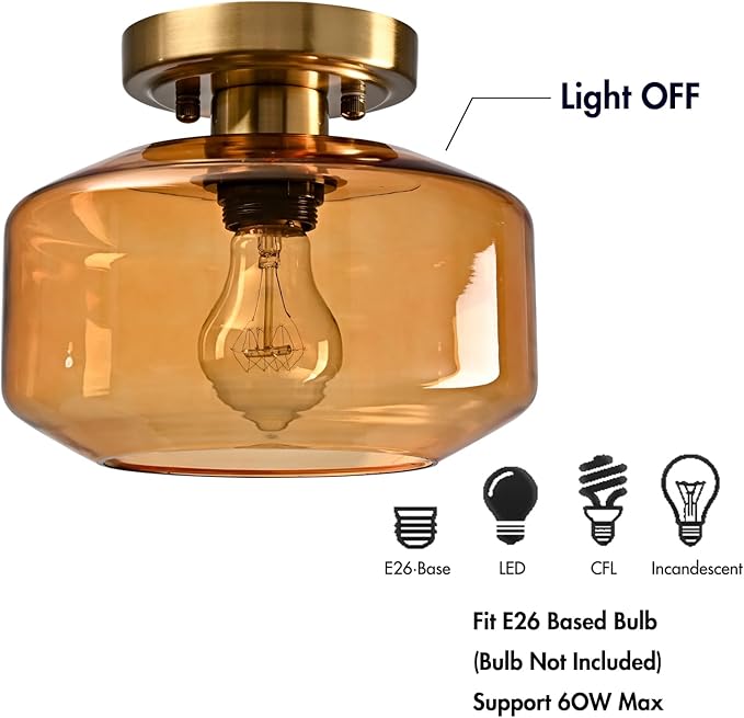 Mid Century Modern Ceiling Light Amber Glass Vintage Mount Light Fixture Small Pumpkin Glass Ceiling Light for Kitchen Dining Laundry Room Foyer Porch