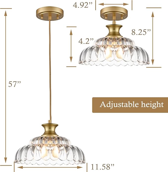 HYDELITE Vintage Gold Clear Glass Pendant Lights Kitchen Island | Brass Pendant Light Fixture Modern Hanging Light Fixture for Dining Room Bedroom Entryway