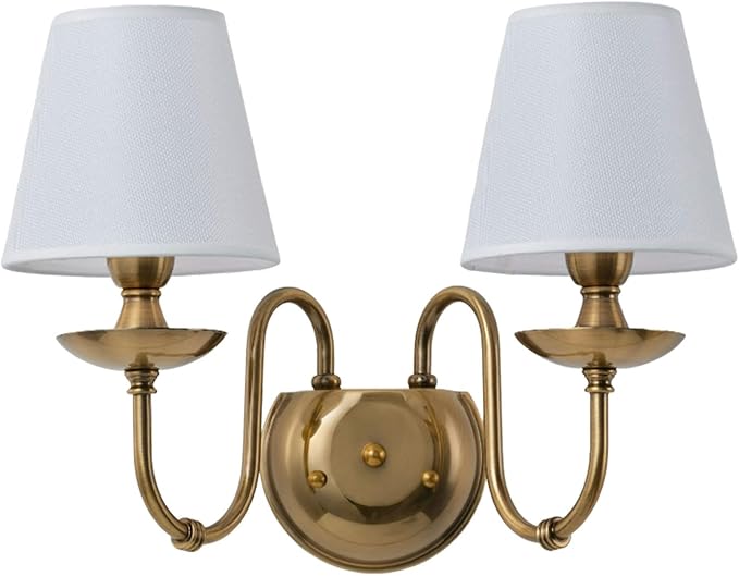Aiwen 2-Light Bedroom Wall Lamps Polished Solid Brass Finish Wall Lights with White Flax Fabric Shade Vintage Reading Lights Wall Sconces for Bedside Hallway E12
