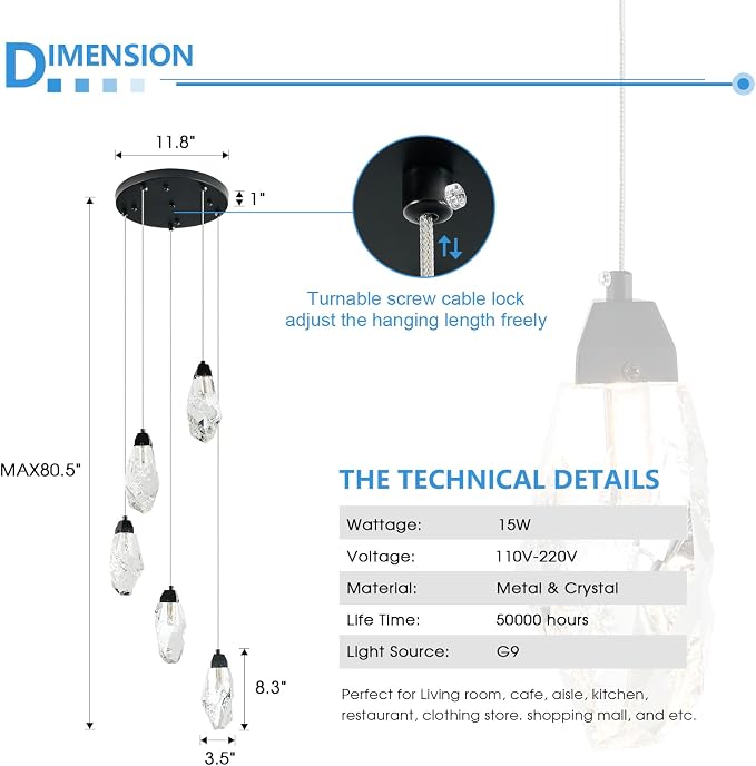 5-Light Modern Crystal Chandelier Dimmable Pendant Light Fixture with Black Teardrop Design Diamond Pendant Lighting for Kitchen Island, Dining Room, Hallway, Bathroom
