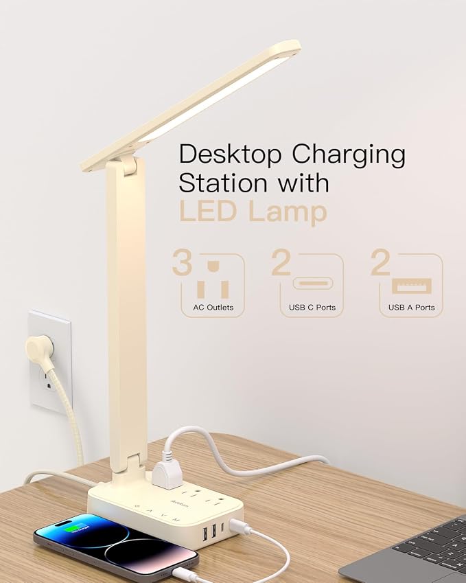 Addtam LED Desk Lamp, Power Strip with 3 Outlets 4 USB Charging Ports(2 USBC), 4 Modes 5 Level Brightness Touch Lamp, Small Desk Lamp for Home Office College Dorm Room Essentials, Cream