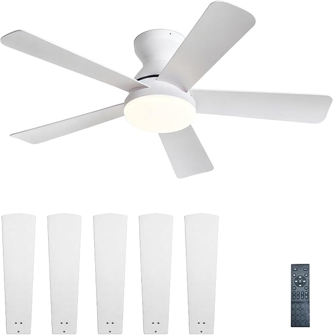 42 Inch Ceiling Fans with Lights and Remote Control, Indoor/Outdoor Flush Mount Low Profile Commercial Reversible Dimmable Ceiling Fans for Living Room Patio Industrial Shop, White