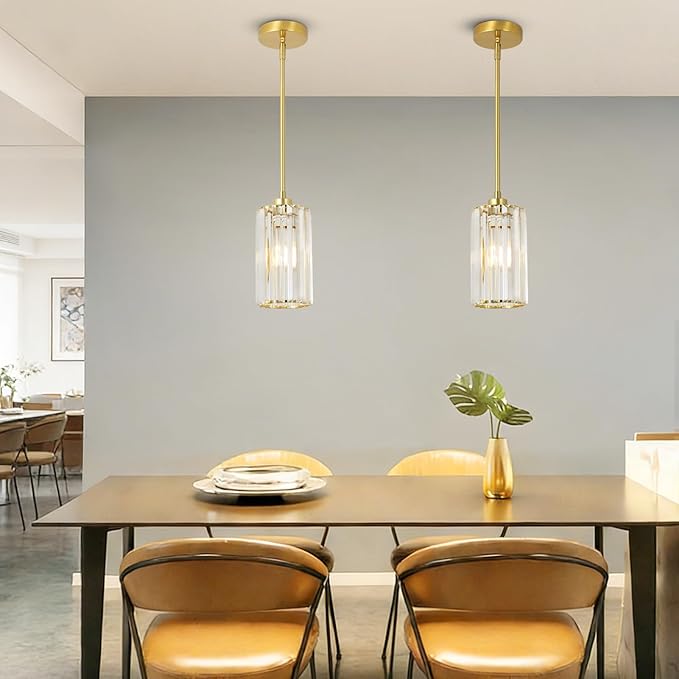 Crystal Pendant Lights, Modern Gold Pendant Lighting with Clear Glass Shade, Small Brass Chandelier Light Fixtures Ceiling Hanging for Dining Room Kitchen Island Bedroom Foyer Hallway