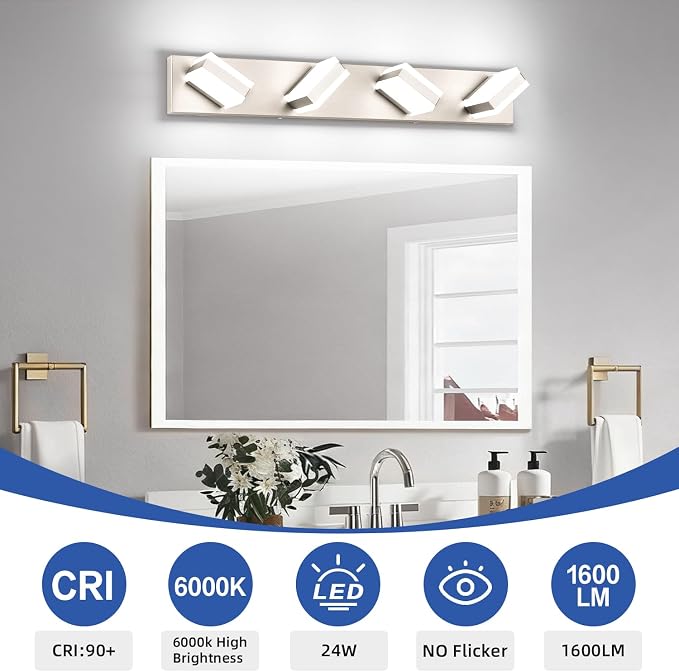 SOLFART Bathroom Vanity Lights Brushed Nickel LED Lighting, LED Bathroom Light for Bath, 4 Light Vanity Lighting Above Mirror Cool Light 6000K