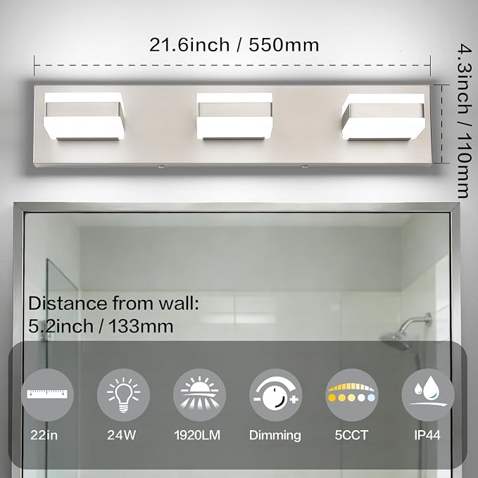 SOLFART Bathroom Light, 5 Color Temperature LED Bathroom Vanity Fixtures, Brushed Nickel 3 Lights Vanity Light Over Mirror Modern LED Light Adjustable Color 5CCT