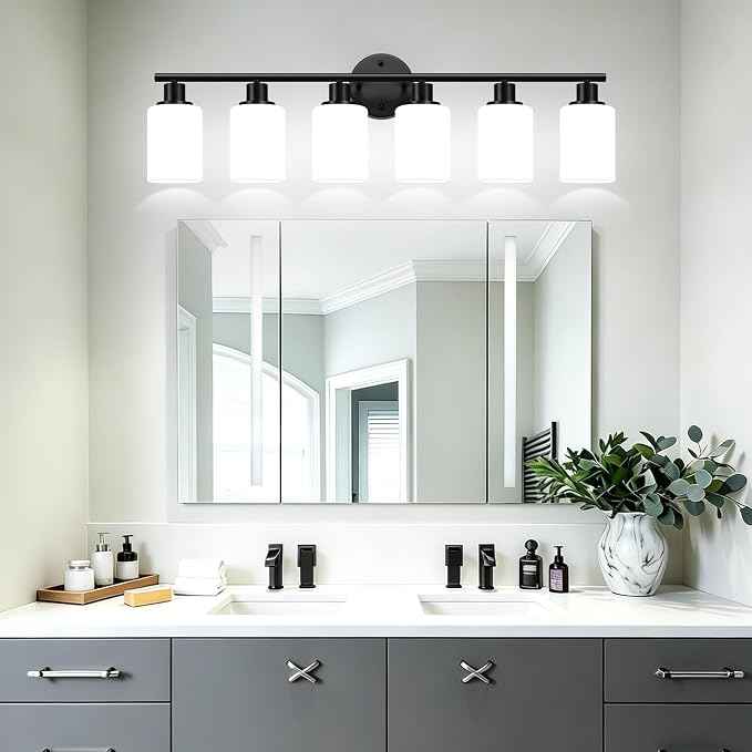 Zarbitta 6-Light Bathroom Light Fixtures, Black Modern Vanity Lights with Milky White Frosted Glass Shades, Bathroom Wall Lamp, for Mirror, Living Room, Kitchen, Hallway, Cabinet, Porch