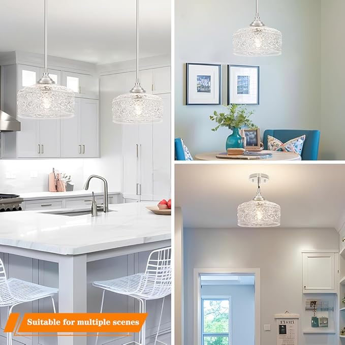 Modern Brushed Nickel Pendant Lights Kitchen Island, Bathroom Pendant Light with Clear Glass, Pendant Lighting over Island with Adjustable Rod, Farmhouse Hanging Light for Dining Room Hallway, E26