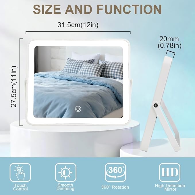 YEKKOPT Portable Desk Vanity Mirror with Lights,10"×12" Small Rechargeable Makeup Mirror with Lights,Smart Touch Screen with 3-Color Lighting,Dimmable,for Dorm Tabletop,Bedroom,Decor