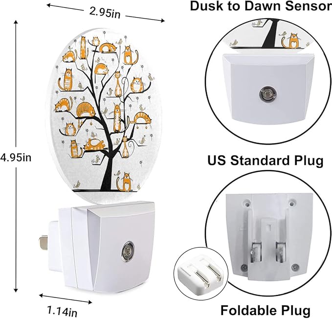 Tree of Cats Nightlight Brown Cat Family Cute Kitten on Tree Branches LED Dusk to Dawn Plug-in Nightlight Auto Sensor for Bedroom Bathroom Hallway Living Room