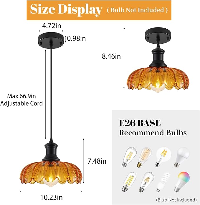 Orange Pendant Light, Kitchen Pendant Light with Glass Shade, Vintage Pendant Lighting for Kitchen Island, Dining Room, Bedroom, Living Room, Bathroom, Hallway, Sink