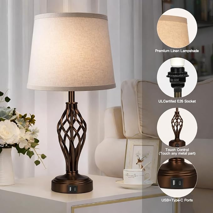 Ruiever Touch Table Lamps Set of 2, nightstand lamp with USB Ports Bedside 3 Way Touch dimmer Desk lamp for Living Room Bedroom,Brown Painted Spiral cage Base Design Warm White dimmer Bulbs Included.