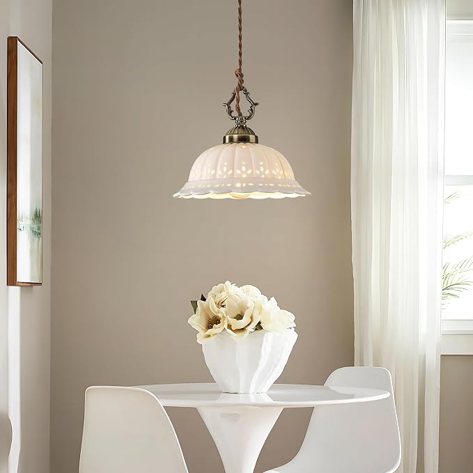 Ceramic Pendant Light 1-Light Adjustable Cord Industrial Ceiling Hanging Light Brass Vintage Chandelier for Kitchen Island Bar Dining Room Bedroom Foyer Hallway Farmhouse