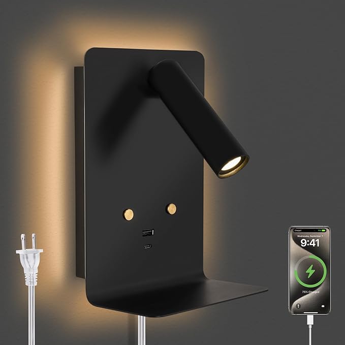 ZEROUNO LED Dimmable Wall Mounted Reading Light, Backlight Night Wall Lamp, Adjustable Headboard Plug in Wall Sconce with USB C+A Ports, LED Reading Light for Bedroom Bedside Lamps