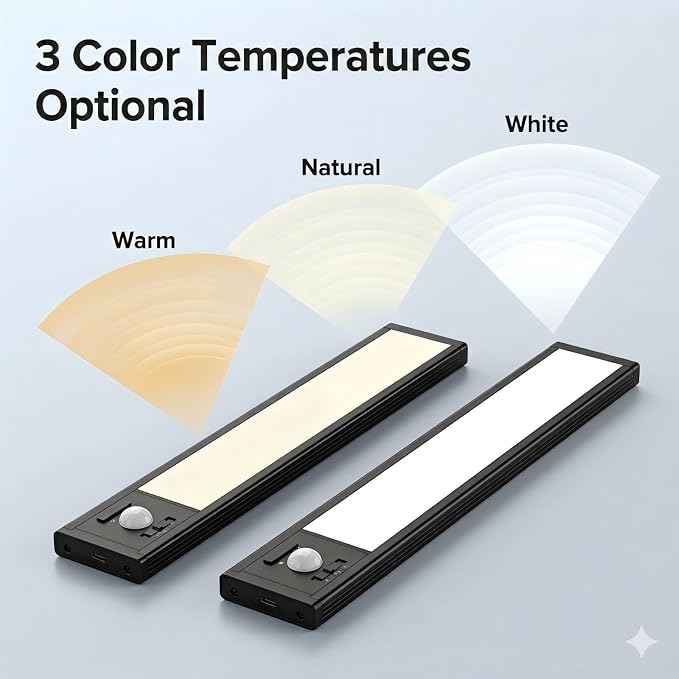 2Pack Under Cabinet Lighting Rechargeable -10" Ultra-Thin Black 3 Color Temps Super Bright, Motion Sensor, Long Lasting - Easy Installation Magnetic Under Closet Lights