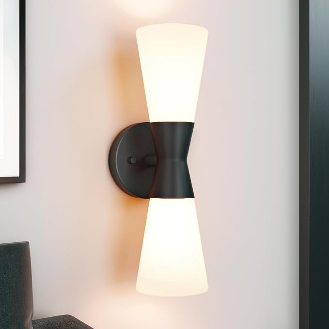 Bathroom Wall Sconce, Modern Indoor Vanity Light Fixtures 15",Up Down Lighting, Wall Mount Lamp for Living Room Bedroom Hallway Stairway Fireplace Mirror E26 Base 1PC White&Black