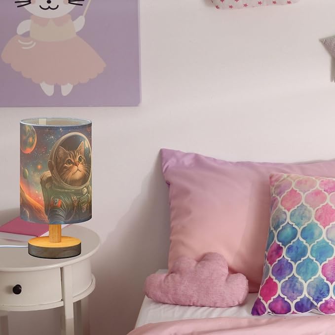Fustylead Outer Space Themed Astronaut Cat Bedside Table Lamps with USB Port for Bedroom LampSmall Nightstand Lamp Sturdy Linen Shade Wooden Base Decorative Lamps for Nursery Kids Reading Dorm Home