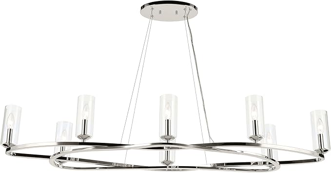 Kichler Harpin 8-Light Linear Chandelier, Sloped Ceiling Compatible, for Dining Room or Kitchen with Clear Glass in Polished Nickel