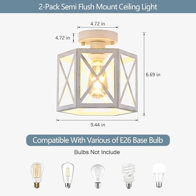XSDeTu 2 Pack White Semi Flush Mount Ceiling Light, Modern Hallway Light Fixture, Vintage Metal Hexagonal Ceiling Lamp for Kitchen Entryway Porch