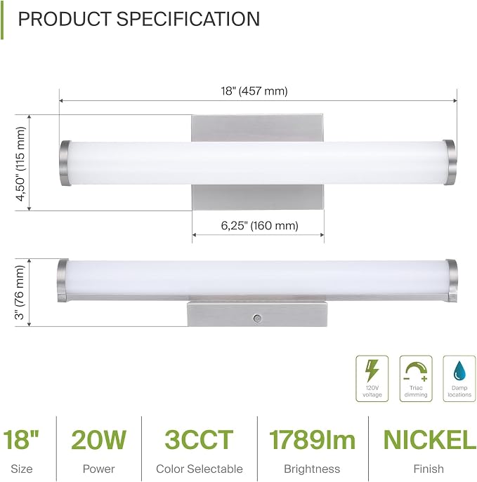 ASD 18" LED Linear Vanity Light Fixture, Modern Bathroom Sconce — 3 Color 3000K-5000K, Dimmable, 20W 1500LM, Energy Star & ETL Listed — Over Mirror Makeup Bar for Bedroom, Cabinets — Nickel, 2 Pack