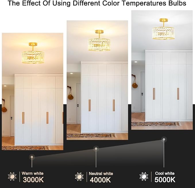 Lxybcce Modern Crystal Ceiling Light, Brushed Gold Semi Flush Mount Ceiling Lighting Fixture, Brass Hallway Light Fixtures Chandelier for Kitchen, Bedroom Dining Room Hallway Closet, 3-Light, 12 Inch