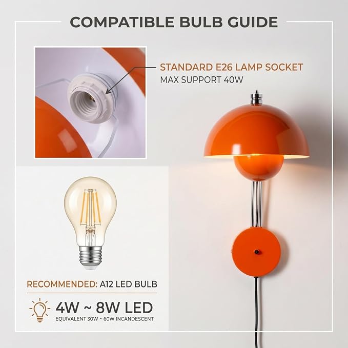 Mid-Century Modern Bud Plug in Wall Sconces for Bedroom, Pastel Orange | Indirect lighting reading wall lamp, all-metal construction, plug-in or hardwired install, fits bedroom bedside, living room