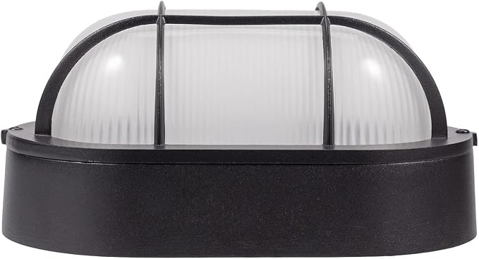 GRUENLICH LED Bulkhead Light Fixture, Aluminum Outdoor Wall Lantern, 8.5" | Oval Exterior Porch Light Wall Sconce for House Walkway Nautical Sauna, Dimmable 6W 600 Lumen, Glass, 5000K, Black, 1 Pack