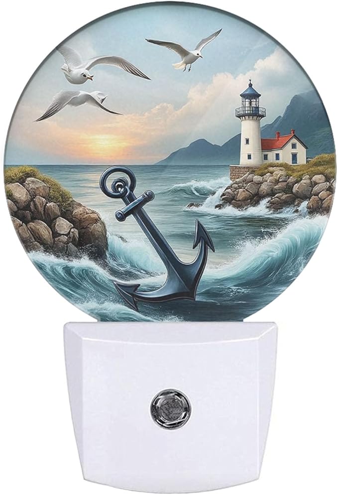 Plug-in Seascape Night Light Anchor Lighthouse and Seagulls at Sunset Nightlight with Dusk to Dawn Sensor, Auto On/Off 0.5W Energy-Saving LED Lighting for Men Women Boys Girls Gift