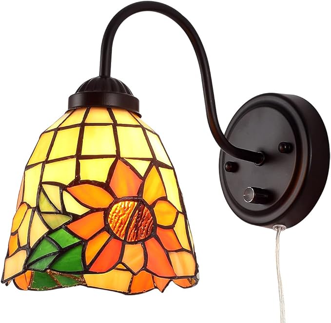 Tiffany Bedside Wall Mount Lamp with Dimmable Switch, Industrial Vintage Gooseneck Wall Sconce with Plug in Cord, Flowers Stained Glass Shade Wall Light Perfect for Bedroom, Living Room and Hotel