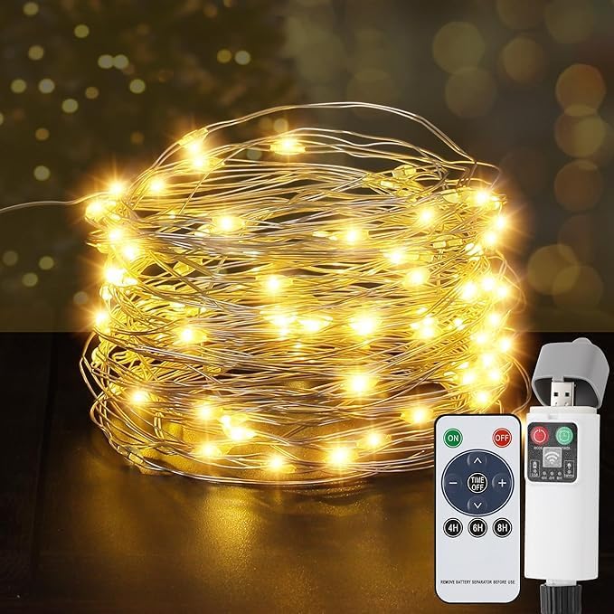 Rechargeable Fairy Lights Plug In 33FT 100 LED,8 Modes Fairy Lights Battery Operated with Remote Timer USB Charging, IP65 Waterproof Outdoor Camping Lights, for Camping Patio Christmas Bedroom Decor