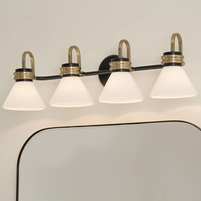 Kichler Farum 4-Light Bathroom Vanity Light, Black | Modern vanity light with opal glass for single or double bathroom mirrors (34" x 9.5"), 55156BK