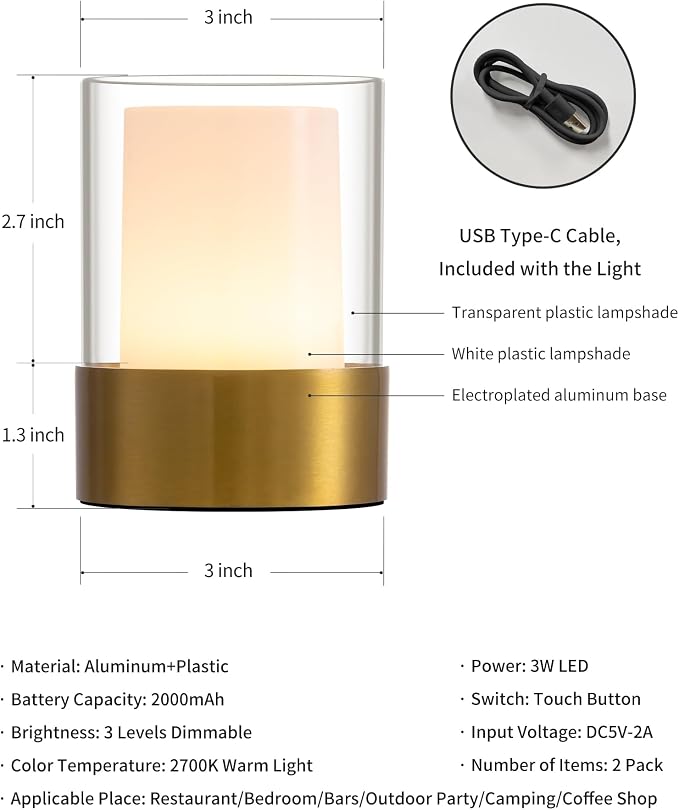 4" Bronze Cordless Table Lamp Set of 2, Outdoor Rechargeable Lamp | LED, Battery Operated, Portable, Touch Night Light for Dining Room, Camping, Bar, Party, Bedside, Bedroom, Home Decor, Gift