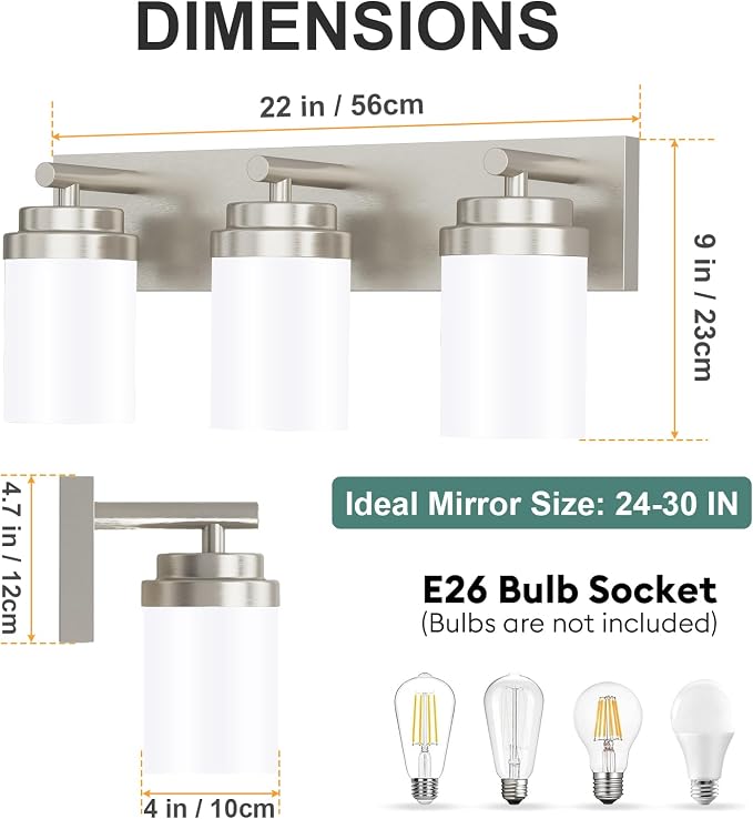 IZORRO Bathroom Vanity Light Fixture, 3-Light 22 Inch Brushed Nickel Bathroom Light Fixtures Over Mirror, with White Glass Shade, Modern Farmhouse Vanity Lights, Rustic Restroom Lighting Fixtures
