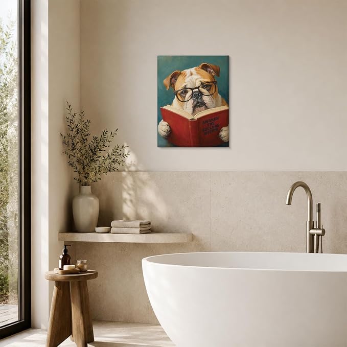 NSFBESSLIA Funny Reading Bulldog Painting, Whimsical Pet Animal Decor, Awaken The Bulldog Within, Vintage Wall Art for Living Room Bedroom Entryway, 8x10 Inch