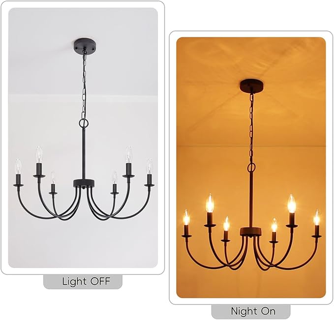 Black Chandelier, 6-Light Farmhouse Chandelier for Dining Room Lighting Fixtures Hanging, Rustic Candle Modern Chandeliers for Living Room Bedroom Foyer Kitchen(Frosted Black)