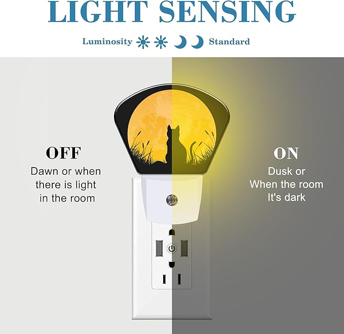 Cat Sitting in Grass Field Night Light for Kids Girls Boys, Full Moon LED Night Light Plug into Wall with Dusk to Dawn Sensor for Bedroom, Hallway, Kitchen, Bathroom, Stairs Decor