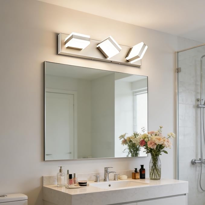 SOLFART Bathroom Light, 5 Color Temperature LED Bathroom Vanity Fixtures, Brushed Nickel 3 Lights Vanity Light Over Mirror Modern LED Light Adjustable Color 5CCT