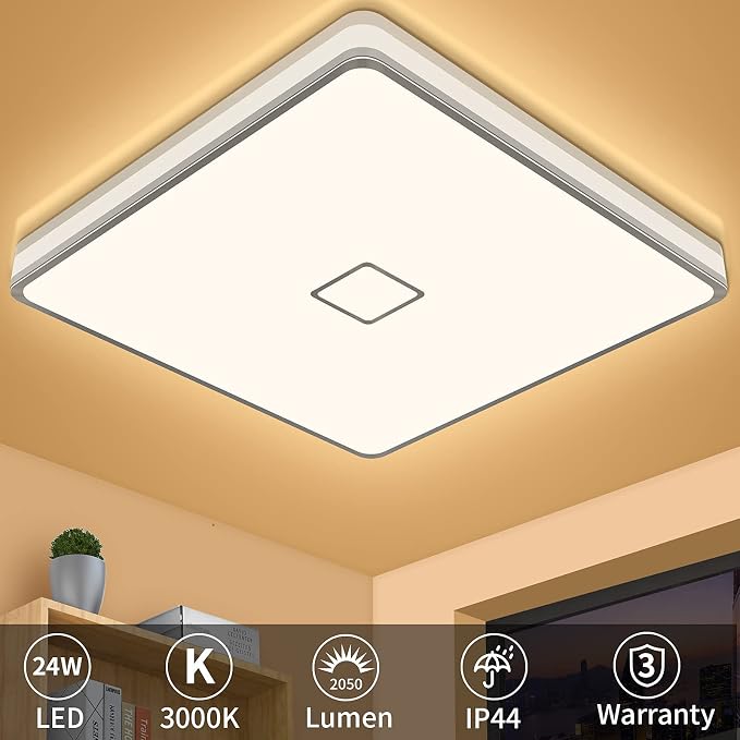 Airand LED Ceiling Light Flush Mount 24W 12.6 inch Square LED Ceiling Lamp with 240Pcs Chips Without Flicker, 2050 Lumens, IP44, 80Ra+, 180W Equivalent (Warm White)